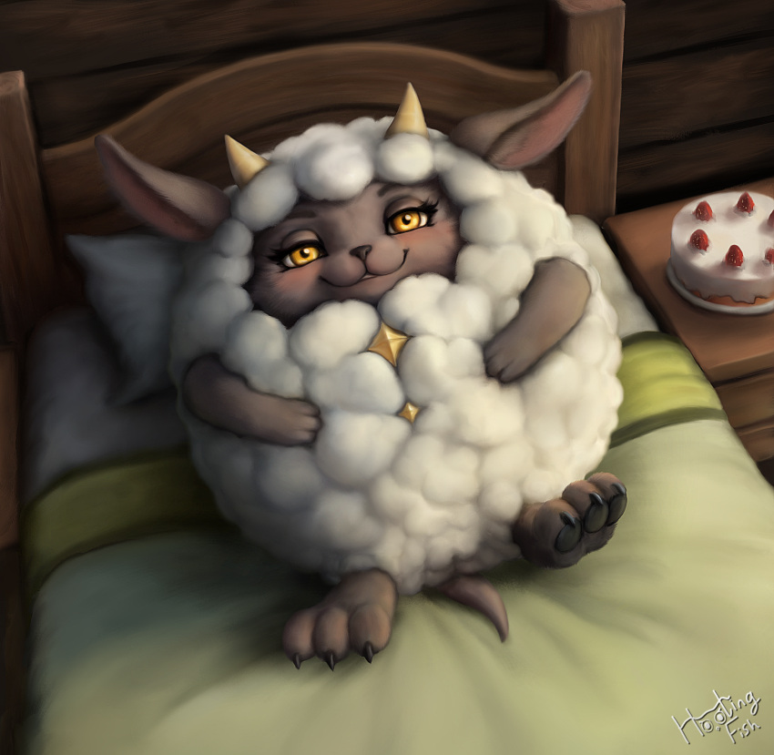 2_horns 3_fingers 3_toes amber_eyes bed bedroom_eyes biped bovid cake camel_toe chest_gem dessert detailed_background eyelashes feet female feral fingers food front_view fur furniture gem grey_body grey_fur hi_res hootingfish horn inside lamball looking_at_viewer lying mammal narrowed_eyes on_back on_bed pal_(species) palworld pawpads paws pocketpair raised_leg seductive short_tail small_horn solo tail toes white_body white_fur white_wool wool_(fur)