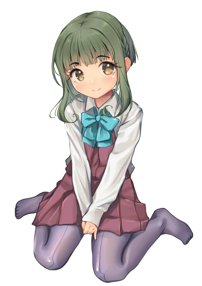 1girl absurdres aqua_bow aqua_bowtie blush bob_cut boots bow bowtie braid brown_eyes cross-laced_footwear dress green_hair grey_pantyhose highres kantai_collection lace-up_boots long_sleeves looking_at_viewer pantyhose purple_dress school_uniform shirt short_hair short_hair_with_long_locks sidelocks simple_background sitting smile solo takanami_(kancolle) wariza wavy_hair white_background white_shirt yashin_(yasinz)