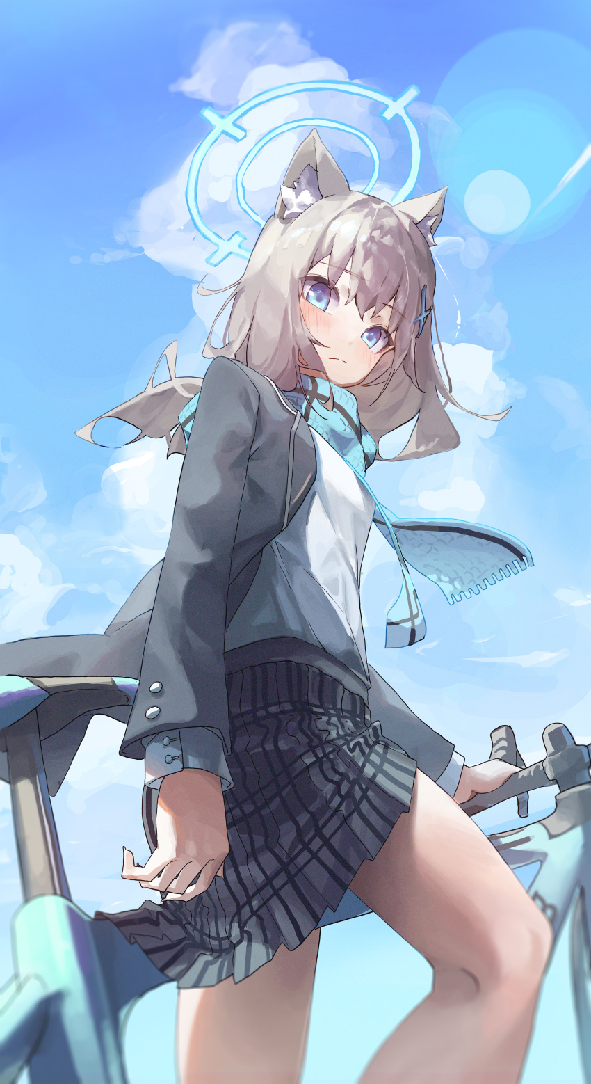 1girl absurdres animal_ear_fluff animal_ears bicycle blue_archive blue_eyes blue_halo blue_scarf blue_sky blush closed_mouth cloud commentary_request day feet_out_of_frame frown grey_skirt halo highres hone_(hone_art) jacket lens_flare long_sleeves looking_at_viewer open_clothes open_jacket outdoors plaid plaid_skirt scarf school_uniform shiroko_(blue_archive) shirt skirt sky solo standing white_shirt wolf_ears