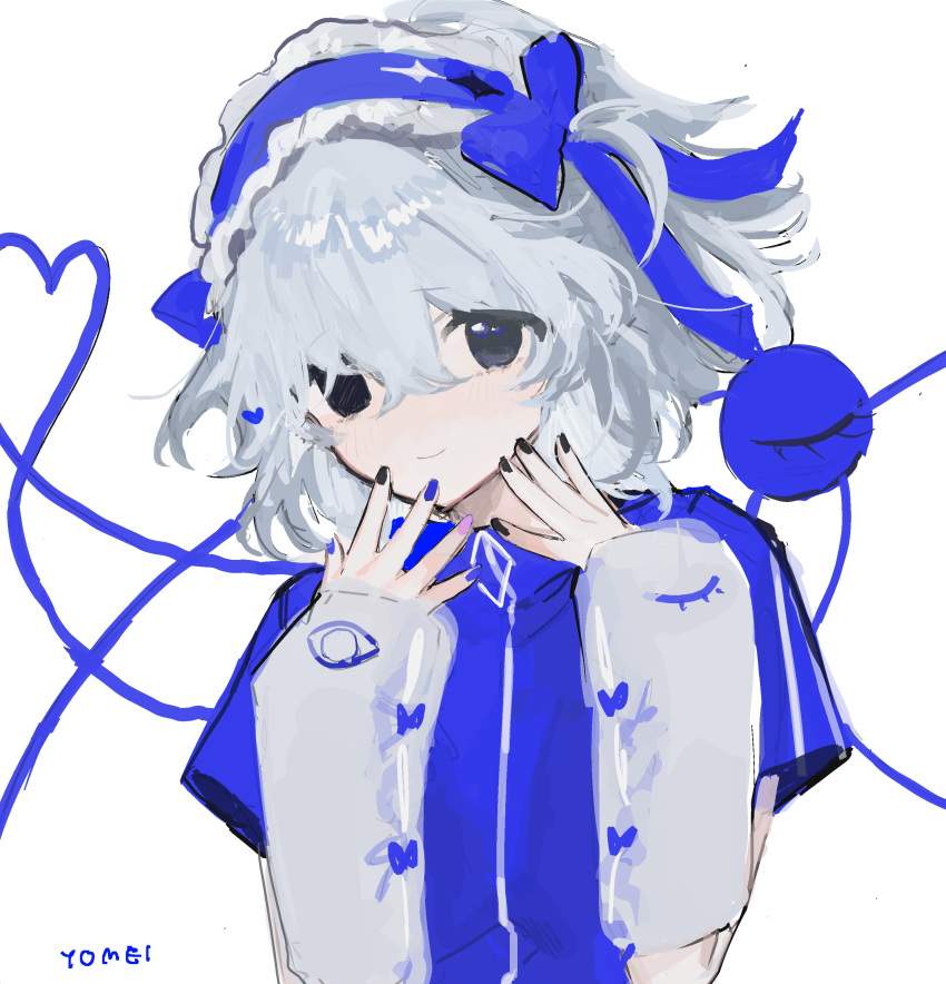 1girl absurdres black_eyes blue_shirt bow detached_sleeves eyeball finger_to_mouth grey_hair heart heart_of_string highres komeiji_koishi nemachi shirt solo third_eye touhou white_background