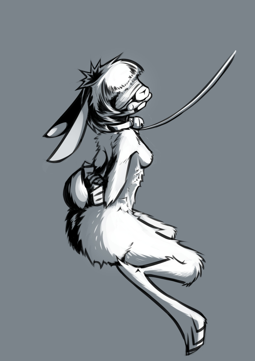 absurd_res anne_speck anthro bell bell_collar blindfold bob_cut collar collar_only female gag gagged gatonejo hair hi_res lagomorph leash leashed_collar leporid mammal monochrome nude rabbit restrained scut_tail short_hair short_tail solo submissive submissive_female tail