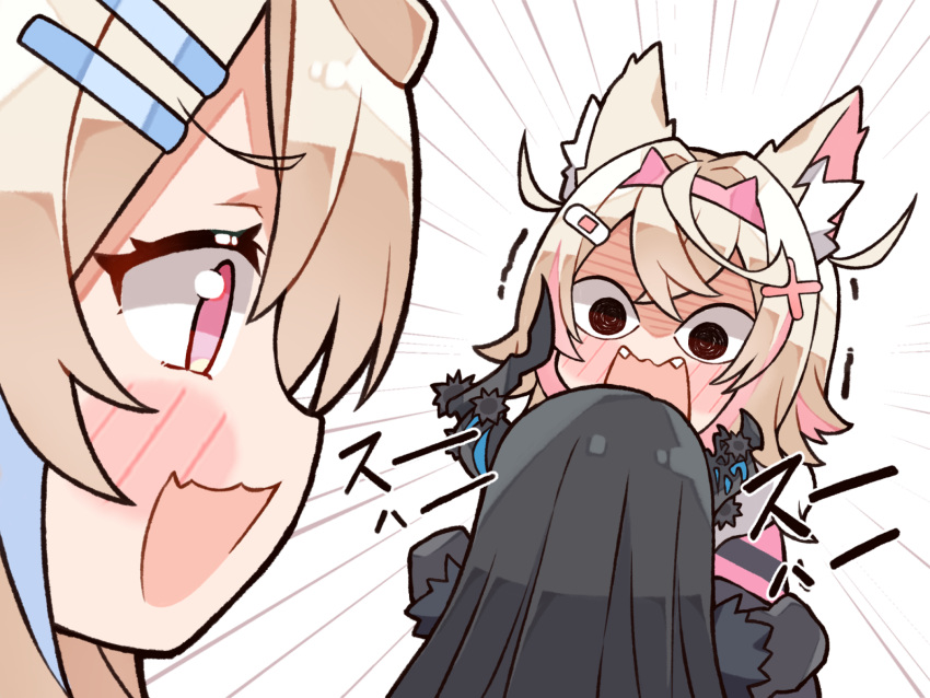 3girls animal_ear_fluff animal_ears asymmetrical_horns bandaid bandaid_hair_ornament black_sleeves blonde_hair blush demon_horns dog_ears dog_girl fur-trimmed_sleeves fur_trim fuwawa_abyssgard hair_ornament hairpin highres hololive hololive_english horns kukie-nyan long_hair looking_at_viewer medium_hair mococo_abyssgard multicolored_hair multiple_girls nerissa_ravencroft open_mouth pink_hair siblings sisters smile streaked_hair twins virtual_youtuber x_hair_ornament