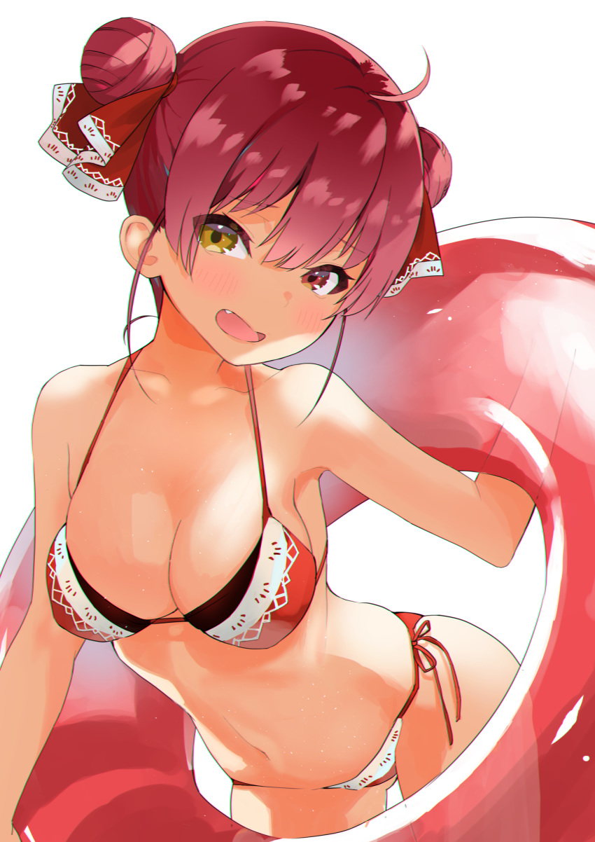 1girl ahoge alternate_hairstyle bangs bare_arms bare_legs bare_shoulders bikini breasts cleavage commentary_request double_bun fang hair_ribbon head_tilt heterochromia highres hololive houshou_marine innertube leaning_forward looking_at_viewer medium_breasts open_mouth red_eyes red_hair red_ribbon ribbon side-tie_bikini simple_background smile solo standing swimsuit upper_body virtual_youtuber white_background yellow_eyes yoyoshi_renga