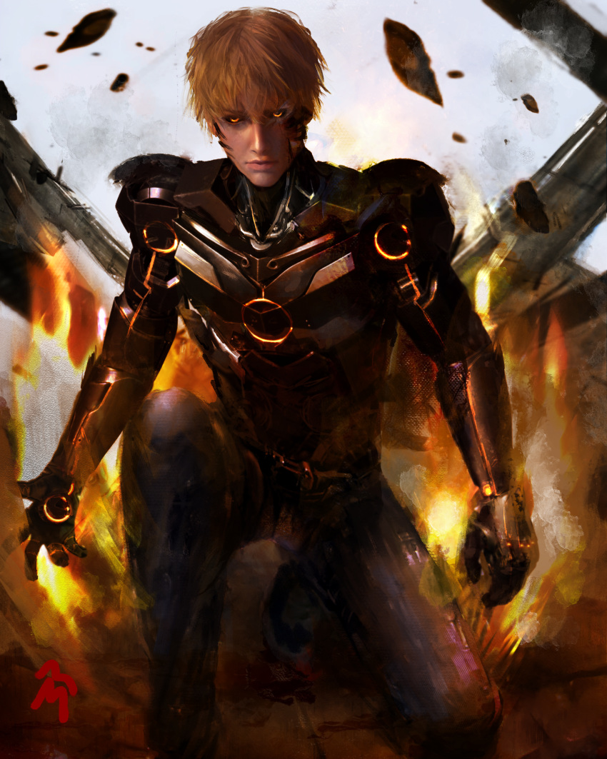 1boy absurdres blonde_hair boots closed_mouth clothing_request destruction facepaint fire genos gloves glowing glowing_eyes highres kneeling looking_at_viewer marthhh one-punch_man one_knee open_hand orange_eyes power_armor power_suit rock shoes short_hair signature solo