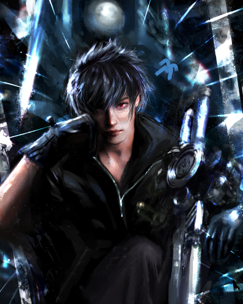1boy abstract_background absurdres black_hair black_jacket closed_mouth engine_blade final_fantasy final_fantasy_xv gloves hand_on_own_face highres jacket leather leather_jacket looking_at_viewer marthhh moon night night_sky noctis_lucis_caelum red_eyes reflection short_hair signature sitting sky solo star_(sky) starry_sky sword weapon