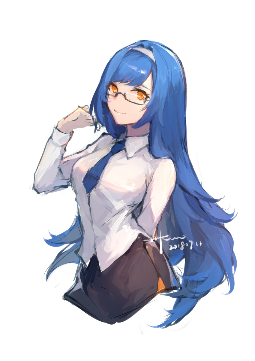 1girl absurdres alternate_costume blue_hair dated girls_frontline glasses hair_down hairband hei_chuan_gui highres long_hair necktie orange_eyes shirt signature skirt smile solo tar-21_(girls_frontline) white_shirt