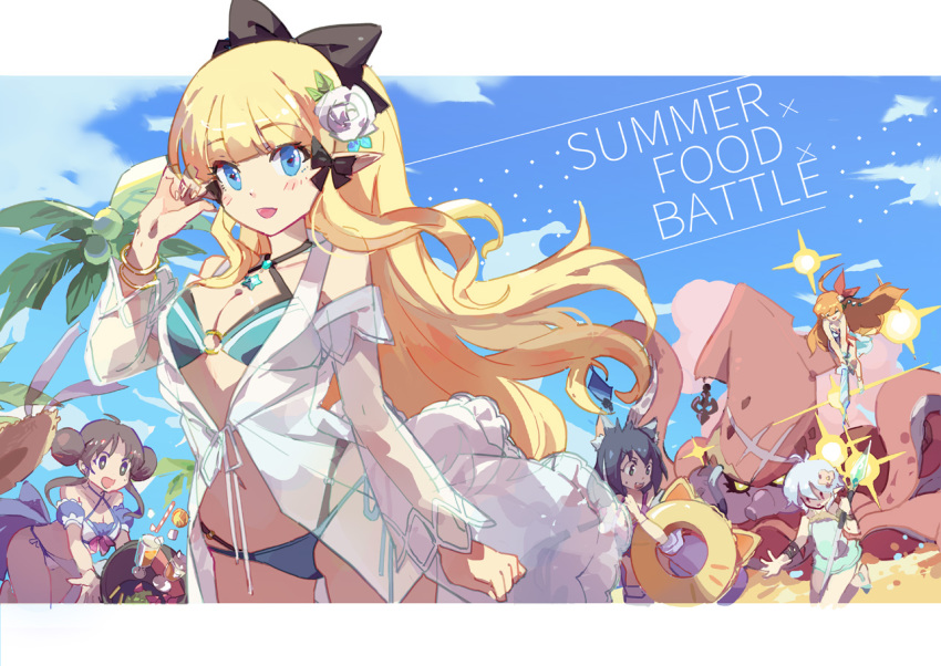 5girls :d :x animal animal_ear_fluff animal_ears bare_shoulders bikini black_bow black_hair blue_bikini blue_eyes blue_sky blush bow breasts casual_one-piece_swimsuit cat_ears cleavage closed_mouth cloud commentary_request criss-cross_halter cup day double_bun drink drinking_glass drinking_straw english_text flower green_swimsuit hair_bow hair_flower hair_ornament halterneck hand_up hat hat_removed headwear_removed holding holding_spear holding_star holding_weapon innertube innertube_with_ears karyl_(princess_connect!) kokkoro_(princess_connect!) long_hair looking_at_viewer medium_breasts multiple_girls o-ring o-ring_bikini o-ring_top one-piece_swimsuit open_mouth palm_tree pecorine polearm princess_connect! princess_connect!_re:dive rose saren_(princess_connect!) see-through see-through_sleeves shadowsinking sidelocks sky smile spear spilling squid star_(symbol) straw_hat suzume_(princess_connect!) swimsuit tray tree weapon white_bikini white_flower white_rose