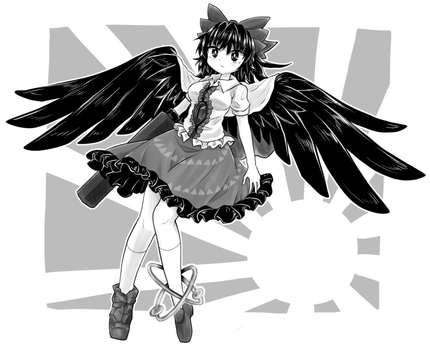 arm_cannon black_feathers black_frills black_hair bow chups closed_mouth dress feathered_wings looking_up mismatched_footwear reiuji_utsuho sketch third_eye touhou weapon white_dress wings