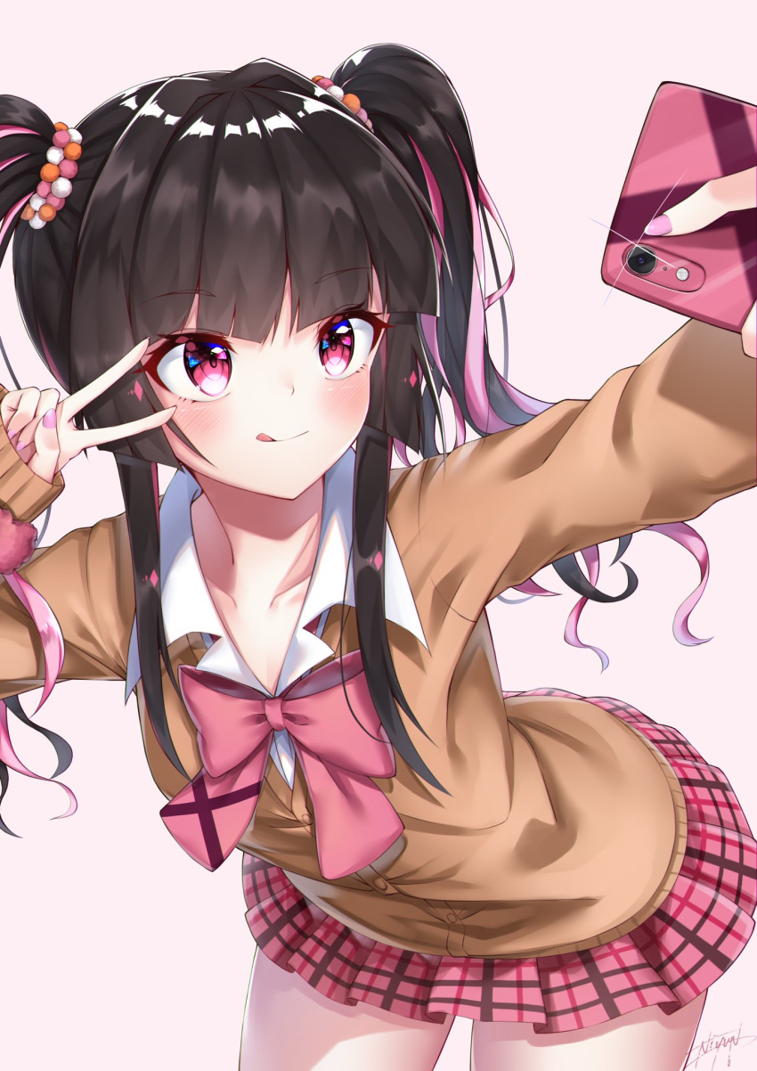 1girl bangs black_hair blush breasts brown_jacket commentary_request eyebrows_visible_through_hair grey_background hair_ornament highres holding holding_phone jacket leaning_forward long_hair long_sleeves multicolored_hair niyu_n_iyun phone pink_eyes pink_hair pink_nails pink_skirt pleated_skirt self_shot senki_zesshou_symphogear shirt signature simple_background skirt sleeves_past_wrists solo tongue tongue_out tsukuyomi_shirabe twintails two-tone_hair white_background white_shirt