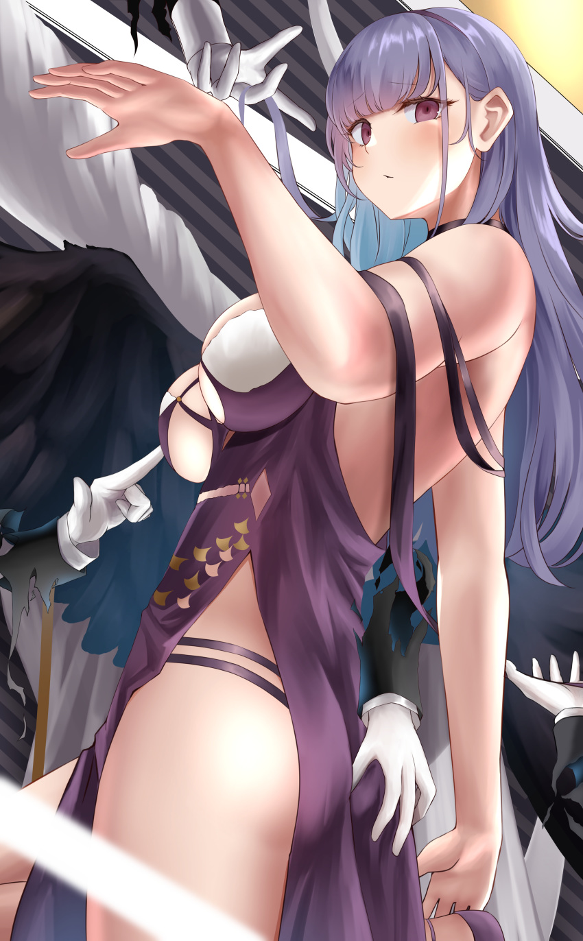 1girl absurdres ass_grab azur_lane back bangs bare_shoulders blazer breasts cleavage criss-cross_halter dido_(anxious_bisque_doll)_(azur_lane) dido_(azur_lane) disembodied_hands dress from_below gloves hairband halter_dress halterneck hands_on_another's_thigh highres huge_filesize jacket large_breasts lavender_hair long_dress long_hair looking_at_viewer multiple_hands numaguro_(tomokun0808) purple_dress purple_eyes purple_hairband side_slit thighs white_gloves