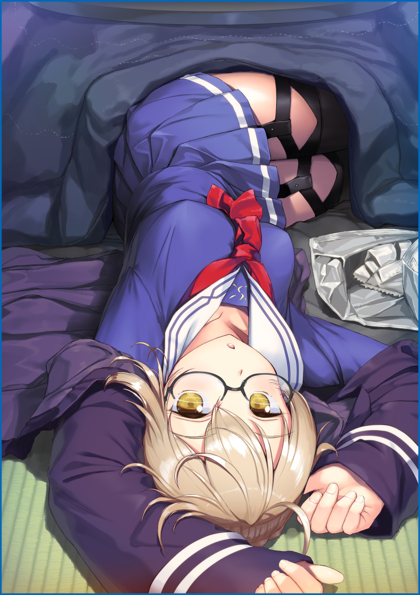 1girl absurdres ahoge artoria_pendragon_(all) bangs blonde_hair blue_serafuku blue_skirt braid braided_bun breasts collarbone commentary_request eyebrows_visible_through_hair fate/grand_order fate_(series) garter_straps glasses highres kotatsu long_sleeves looking_at_viewer lying medium_breasts mysterious_heroine_x_(alter) navy_blue_jacket neckerchief nonderi on_back pleated_skirt red_neckwear revision sailor_collar school_uniform semi-rimless_eyewear serafuku short_hair skirt solo table under-rim_eyewear upside-down white_sailor_collar yellow_eyes