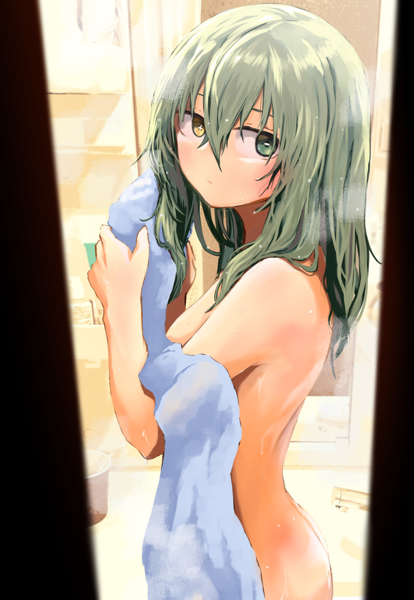 +_- 1girl absurdres bangs bathroom blurry blurry_foreground blush closed_mouth depth_of_field drying drying_hair eyebrows_behind_hair green_eyes green_hair hair_between_eyes heterochromia highres holding holding_towel huge_filesize indoors kamatama kuso_zako_choroin_nishiga_hachi long_hair looking_at_viewer mirror nude saiba_mirai solo standing steam towel wet wet_hair yellow_eyes