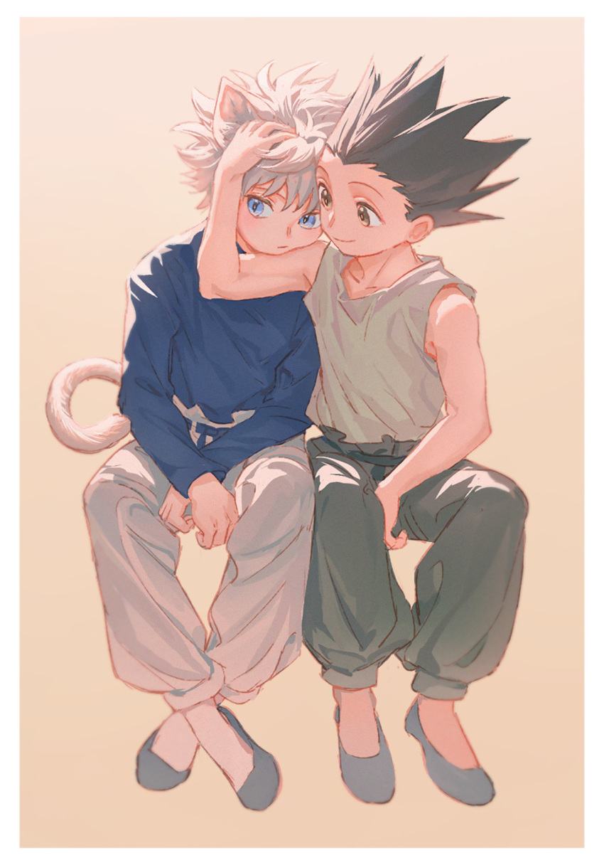 2boys animal_ears black_hair blue_eyes brown_background cat_boy cat_ears child gon_freecss grimpo_27 highres hug hunter_x_hunter killua_zoldyck multiple_boys open_eyes simple_background tail textless white_hair