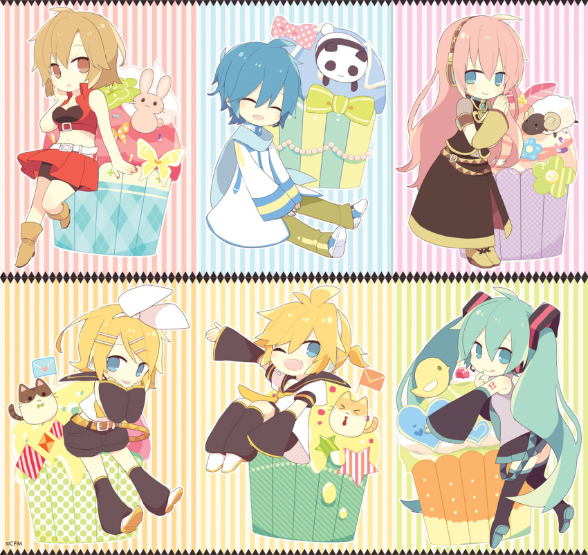 2boys 4girls :o :p ;d aqua_hair aqua_nails bare_arms belt bird black_sailor_collar black_shorts black_skirt blonde_hair blue_eyes blue_hair blue_scarf boots bow breasts brown_belt brown_eyes brown_footwear brown_hair bug bunny butterfly cat chibi cleavage closed_eyes closed_mouth coat commentary_request cupcake detached_sleeves eyebrows_visible_through_hair fang flower_(symbol) food green_bow hair_ornament hairband hairclip hands_together hatsune_miku headset highres insect kagamine_len kagamine_rin kaito leg_warmers letter long_hair long_sleeves looking_at_viewer megurine_luka meiko midriff multiple_boys multiple_girls navel necktie one_eye_closed open_mouth own_hands_together panda pants pink_bow pink_hair polka_dot polka_dot_bow ponytail red_nails red_shirt red_skirt sailor_collar scarf sheep shirt shoes short_hair short_sleeves shorts shorts_under_skirt shoulder_tattoo side_slit sitting skirt sleeveless sleeveless_shirt smile striped striped_background tattoo thigh_boots thighhighs tongue tongue_out very_long_hair vocaloid white_belt white_footwear white_hairband yellow_neckwear yoshiki