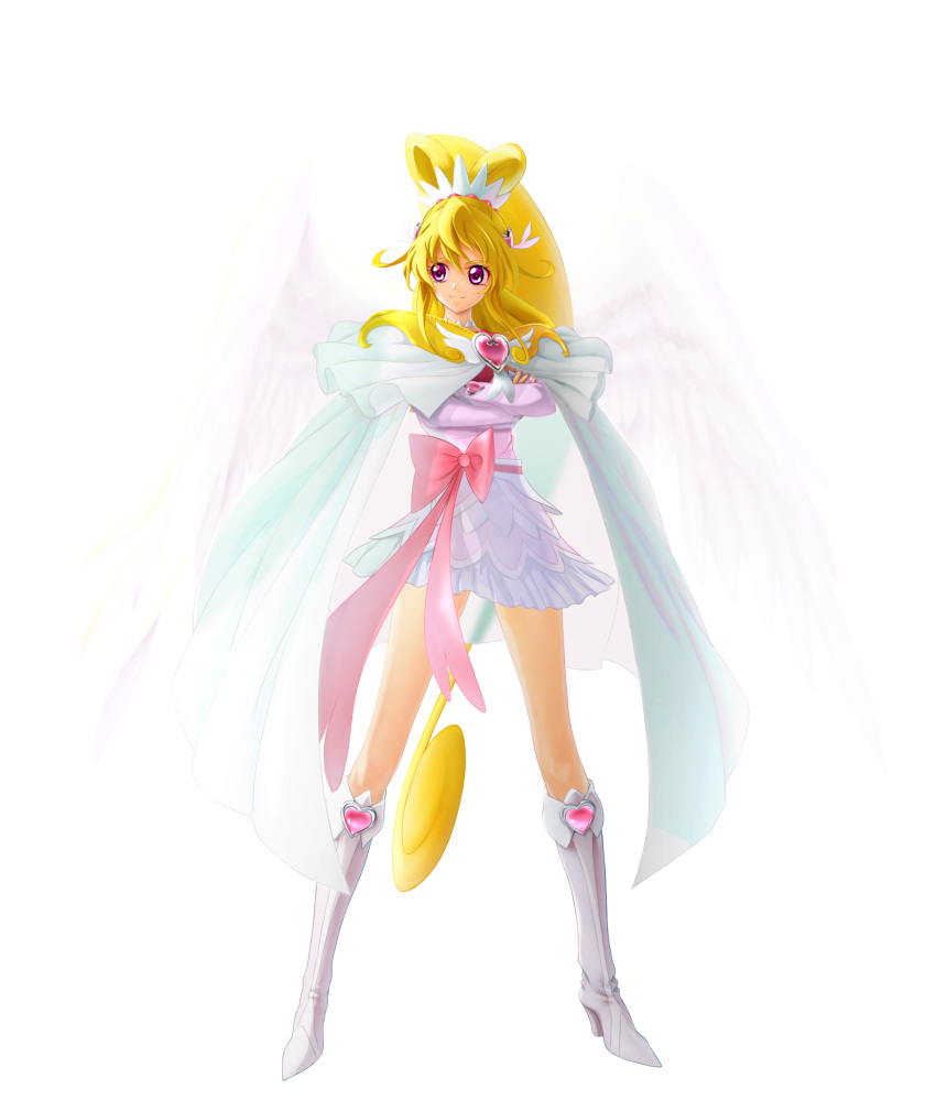 1girl angel_wings blonde_hair boots bow cape crossed_arms cure_heart dokidoki!_precure erufa_(pixiv) feathered_wings full_body hair_ornament high_heel_boots high_heels high_ponytail highres knee_boots layered_skirt long_hair looking_to_the_side miniskirt pink_eyes pink_shirt pleated_skirt precure red_bow shirt skirt solo standing transparent_background very_long_hair white_cape white_footwear white_skirt white_wings wings