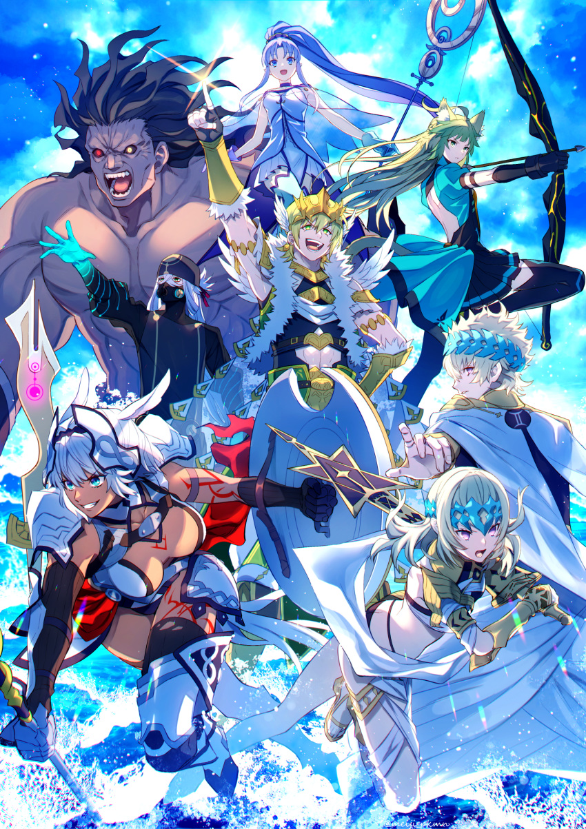 4boys 4girls abs abs_cutout absurdres ahoge animal_ears arm_up armlet armpits asclepius_(fate/grand_order) atalanta_(fate) backless_outfit bangs bare_shoulders berserker bikini black_bikini black_gloves black_hair black_jacket black_sclera black_shirt blonde_hair blue_eyes blue_gloves bodice body_markings boots bow_(weapon) bracelet bracer braid breasts brother_and_sister caenis_(fate) caster_lily castor_(fate/grand_order) cat_ears cat_tail chest cleavage closed_mouth collar crown dark_skin dark_skinned_male detached_sleeves diadem doctor dress dynamic_pose earrings eyebrows_visible_through_hair fang fate/apocrypha fate/grand_order fate_(series) fighting_stance fingerless_gloves floating full_body gauntlets gloves glowing gradient gradient_hair green_eyes green_hair grin hair_between_eyes hair_intakes hair_ornament hairband hand_on_hip heterochromia highres holding hood hood_up hooded_jacket jacket jason_(fate/grand_order) jewelry lance large_breasts leg_armor light long_hair long_sleeves looking_at_viewer looking_back looking_to_the_side magical_girl mask medium_hair meiji_ken metal_collar mismatched_gloves multicolored_hair multiple_boys multiple_girls muscle necklace open_hands open_mouth pauldrons pectorals pointing pointing_up pointy_ears polearm pollux_(fate/grand_order) ponytail red_eyes revealing_clothes sandals shadow shield shirt short_hair siblings silver_hair skirt sky small_breasts smile star_(sky) strapless strapless_dress swimsuit sword tail tattoo teeth thigh_boots thighhighs tied_hair twins two-tone_hair upper_body vambraces very_long_hair weapon white_hair white_robe