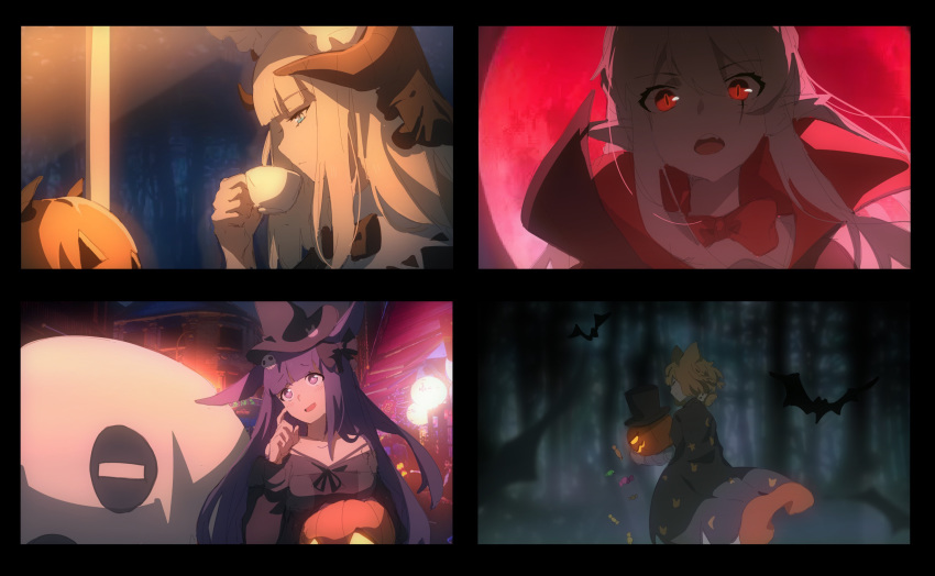 4girls animal_ears arknights bangs bat black_cloak black_dress black_headwear black_neckwear black_ribbon blonde_hair blue_eyes blunt_bangs blush bonnet bow bowtie braid bunny_ears candy chinese_commentary cloak closed_eyes closed_mouth cowboy_shot cup demon_horns dress expressionless eyelashes fang finger_to_cheek food forest from_side full_moon hair_ornament halloween halloween_costume hat highres holding holding_cup holding_jack-o'-lantern horns jack-o'-lantern kagura_tohru kroos_(arknights) lancet-2_(arknights) long_hair medium_hair moon multiple_girls nature neck_ribbon nightingale_(arknights) open_mouth outdoors panels profile purple_eyes purple_hair red_eyes red_moon red_neckwear ribbon rope_(arknights) scar scar_across_eye silver_hair skull_hair_ornament teacup upper_body warfarin_(arknights) witch_hat wrist_cuffs