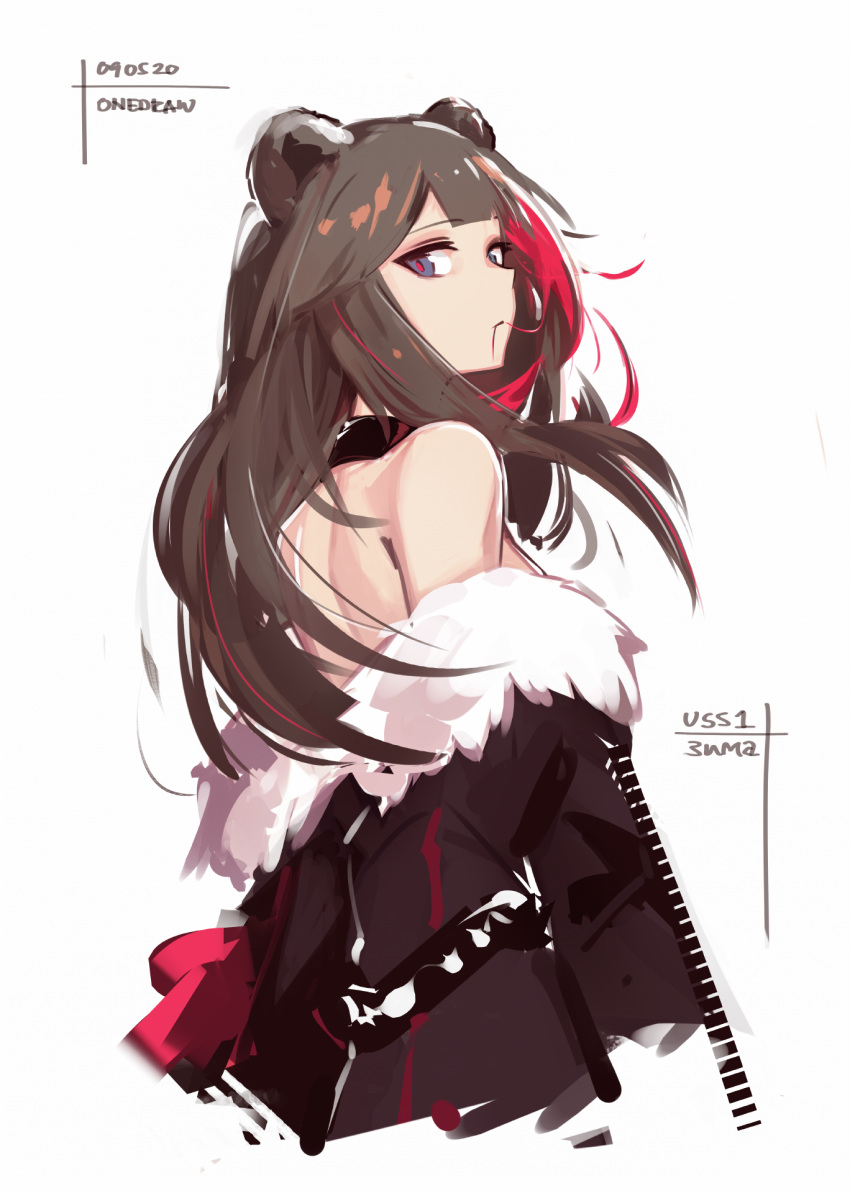 1girl animal_ears arknights bare_shoulders bear_ears black_choker black_jacket blue_eyes brown_hair choker cropped_torso deel_(rkeg) fur_trim highres jacket long_hair looking_at_viewer looking_back multicolored_hair off_shoulder simple_background solo two-tone_hair white_background zima_(arknights)