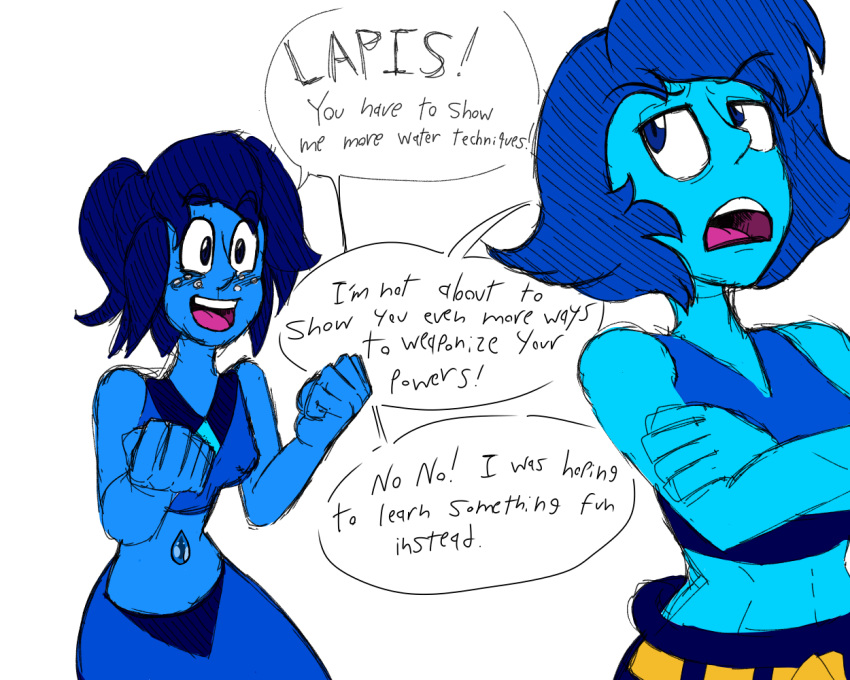 5:4 alien alien_humanoid blue_body blue_hair blue_skin cartoon_network clothed clothing duo english_text female female/female gem_(species) hair happy humanoid lapis_lazuli_(steven_universe) steven_universe text xerlexer