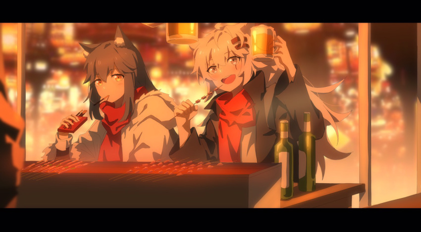 2girls :d alcohol alternate_costume animal_ears arknights beer black_hair black_jacket blurry blurry_background blush bottle city commentary cup eating eyebrows_visible_through_hair food fur-trimmed_hood fur_trim grey_eyes hair_between_eyes holding holding_cup holding_pocky hood hooded_jacket jacket kagura_tohru kebab lappland_(arknights) letterboxed long_hair looking_at_viewer mouth_hold mug multiple_girls open_clothes open_jacket open_mouth orange_eyes outdoors pocky red_shirt scar scar_across_eye shirt sitting smile texas_(arknights) turtleneck upper_body white_hair white_jacket wolf_ears
