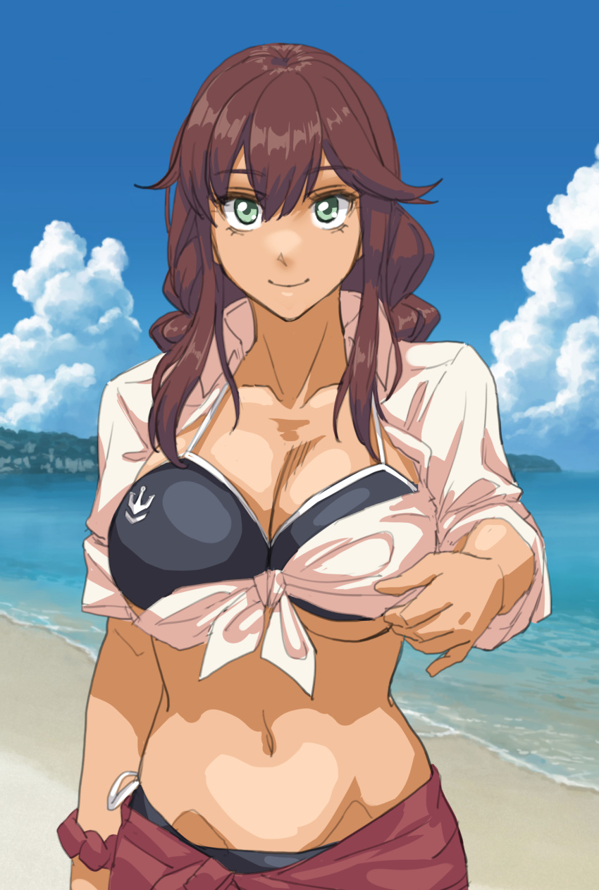 1girl bangs beach bikini black_bikini blue_sky braid breasts brown_hair brown_scrunchie cleavage cloud collarbone commentary_request cowboy_shot day green_eyes highres kantai_collection large_breasts looking_at_viewer noshiro_(kantai_collection) outdoors red_sarong sarong scrunchie shirt sky solo sozan swept_bangs swimsuit tan tied_shirt twin_braids wrist_scrunchie