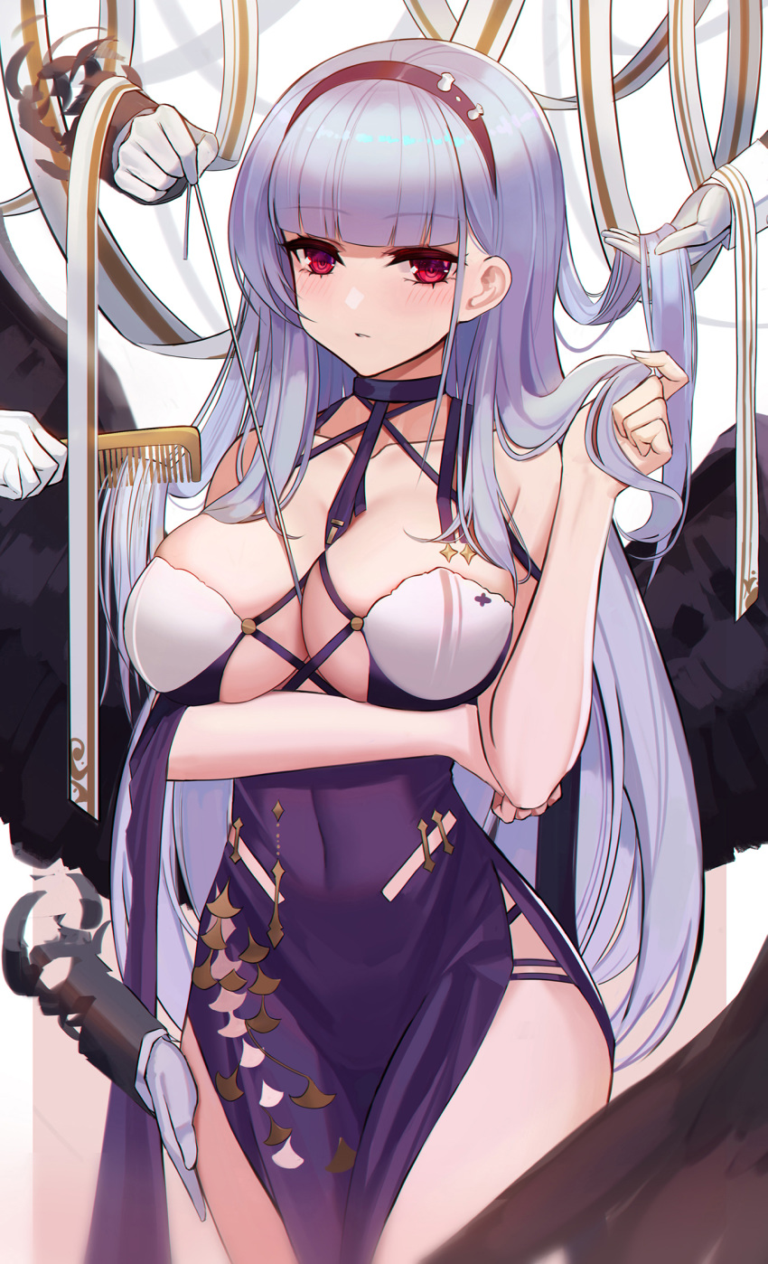 1girl azur_lane bangs bare_shoulders blunt_bangs blush breasts cleavage collarbone comb covered_navel dido_(anxious_bisque_doll)_(azur_lane) dido_(azur_lane) disembodied_hands dress eternity_(shadeh) hairband halter_dress hands_on_another's_thigh highres large_breasts long_hair looking_at_viewer multiple_hands pelvic_curtain purple_dress purple_hairband red_eyes side_slit silver_hair