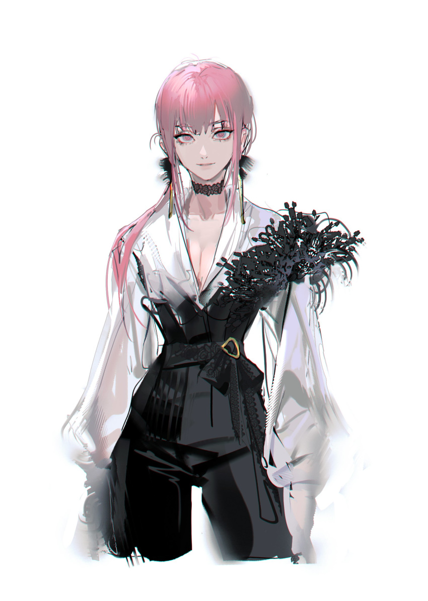 1girl absurdres alternate_costume bangs black_choker black_pants breasts chainsaw_man choker cleavage eyebrows highres long_sleeves makima_(chainsaw_man) medium_breasts medium_hair pants pink_hair ponytail quuni shirt short_hair simple_background small_breasts solo white_background white_shirt