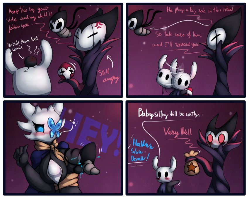 absurd_res artist-apprentice587 blush bodily_fluids breastfeeding comic english_text fan_character group hi_res hollow_knight humanoid lactating lampy_(artist-apprentice587) milk money protagonist_(hollow_knight) swelling team_cherry text video_games