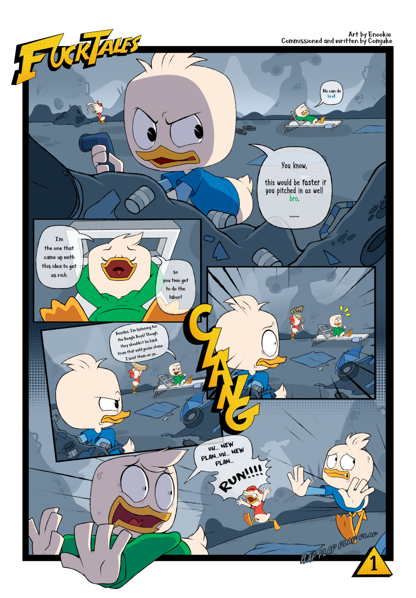 absurd_res anatid anseriform anthro avian bird bottomless brother brothers clothed clothing comic dewey_duck disney duck ducktales_(2017) english_text enookie hi_res huey_duck louie_duck male scared sibling text triplets