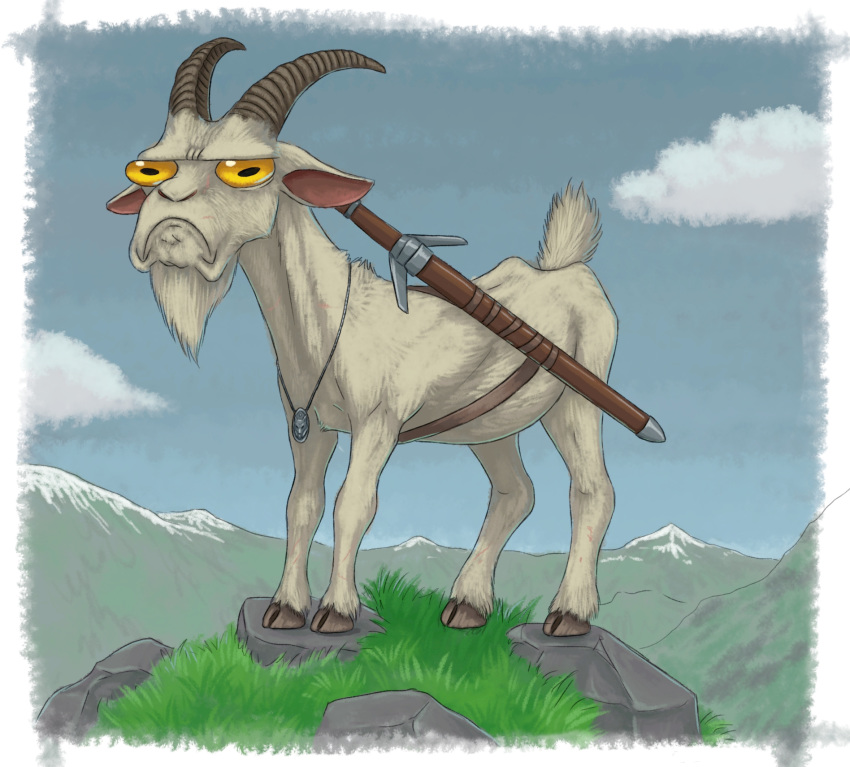 bovid caprine caricature feral frown fur goat grass hi_res hooves horn male mammal medallion melee_weapon mountain ramul rock solo sword the_witcher_(series) weapon white_body white_fur yellow_eyes