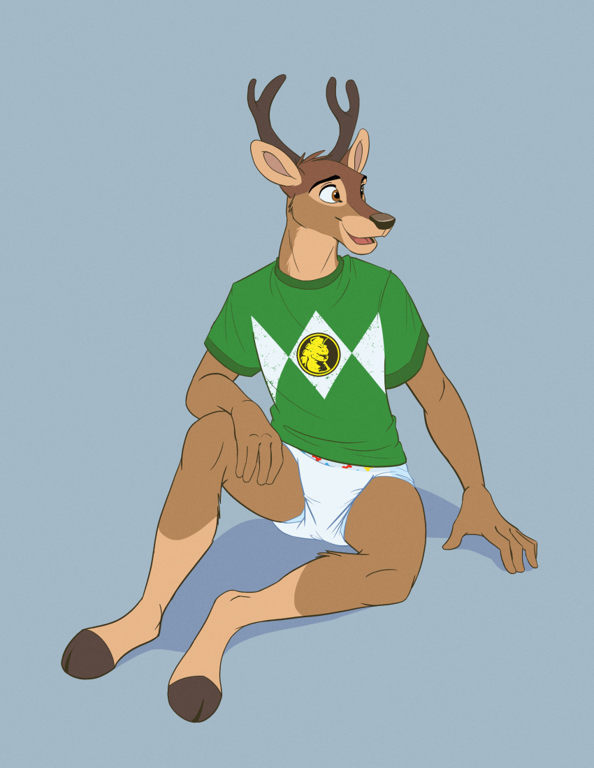 2020 5_fingers absurd_res anthro antlers black_nose brown_body brown_eyes brown_fur cervid clothing colt3n diaper fingers fur hand_on_leg hi_res hooves horn male mammal open_mouth shirt simple_background sitting solo topwear