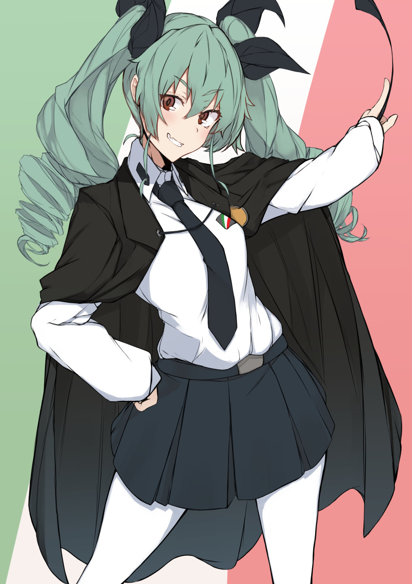 absurdres anchovy_(girls_und_panzer) anzio_school_uniform bangs belt beret black_belt black_cape black_headwear black_neckwear black_ribbon black_skirt cape commentary dress_shirt drill_hair emblem eyebrows_visible_through_hair flag_background girls_und_panzer green_hair grin hair_ribbon hand_on_hip hat head_tilt highres holding italian_flag long_hair long_sleeves looking_back miniskirt nanakaku necktie pantyhose pleated_skirt red_eyes ribbon riding_crop school_uniform shirt skirt smile standing twin_drills twintails white_legwear white_shirt