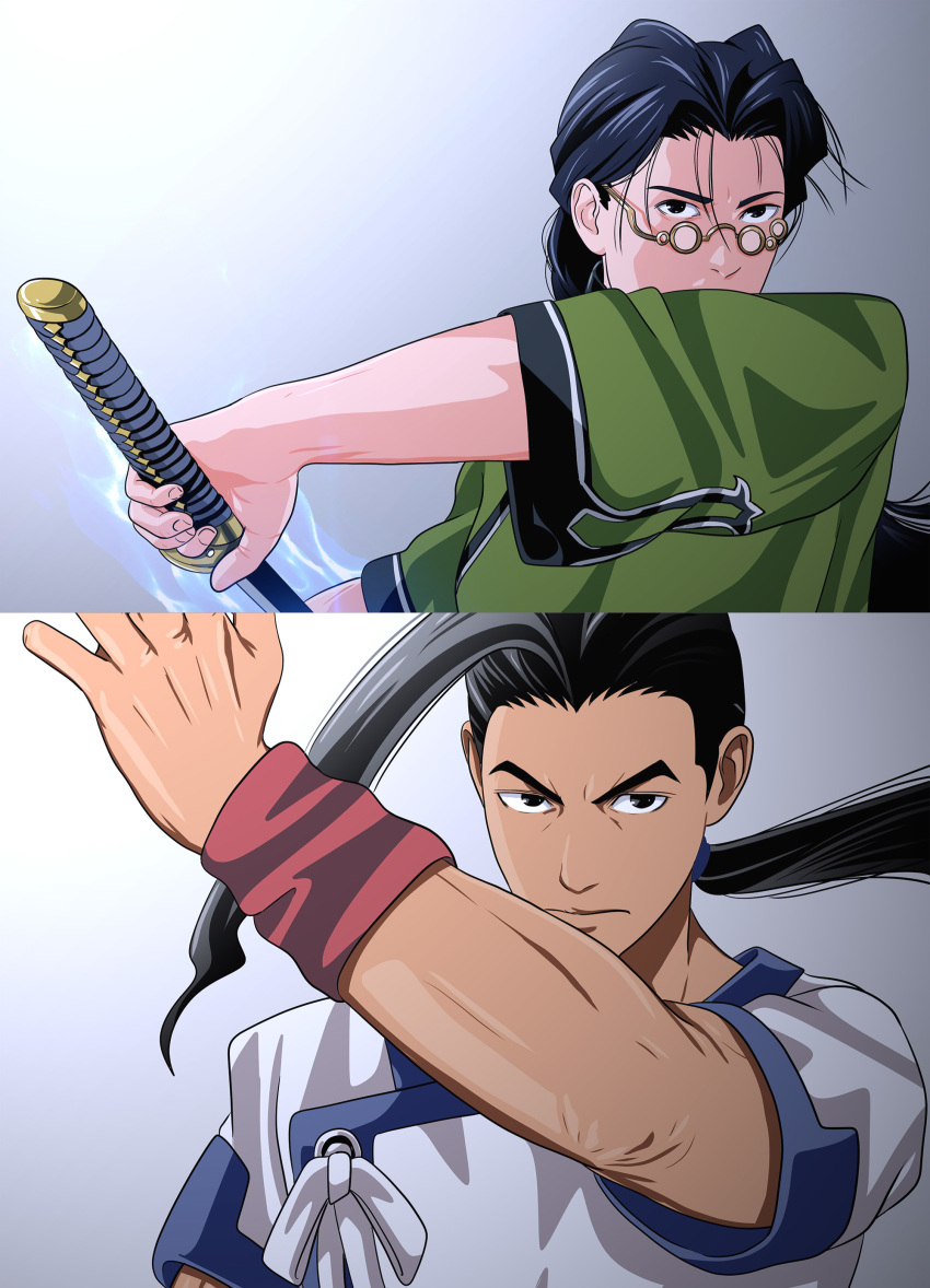 2boys absurdres ahoge black_eyes black_hair citan_uzuki fei_fong_wong fighting_stance glasses hand_up highres huge_ahoge konbanwa01 long_hair looking_at_viewer male_focus multiple_boys ponytail simple_background sword upper_body weapon wristband xenogears