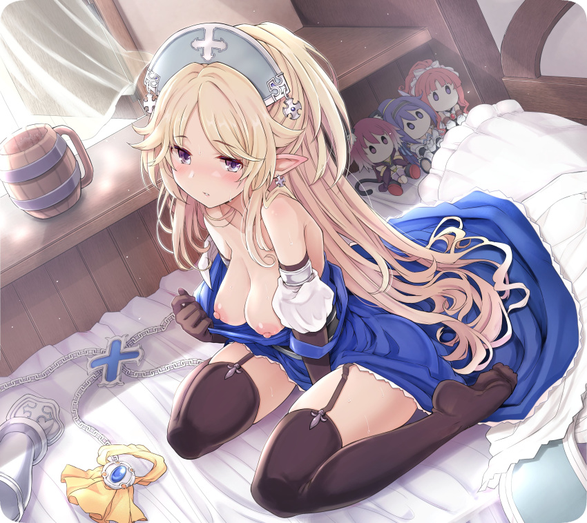 ayase_yukari breasts chibi dress miyasaka_tamaki nipples no_bra open_shirt pointy_ears princess_connect princess_connect!_re:dive shirogane_jun stockings tatsuhiko thighhighs toudou_akino undressing