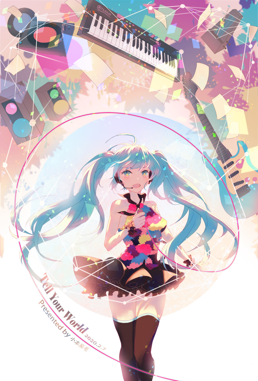 1girl absurdres ahoge aqua_eyes aqua_hair artist_name bare_shoulders black_legwear black_skirt cable colorful commentary confetti cowboy_shot dated dots electric_guitar frilled_skirt frills geometry guitar hatsune_miku headphones headset highres holding holding_microphone instrument keyboard_(instrument) lines long_hair looking_at_viewer making-of_available metronome microphone miniskirt multicolored_shirt open_mouth outstretched_arm phonograph scrunchie shirt skirt sleeveless sleeveless_shirt smile solo song_name speaker standing tell_your_world_(vocaloid) thighhighs turntable twintails very_long_hair vocaloid wrist_scrunchie xiaoben_daimao zettai_ryouiki