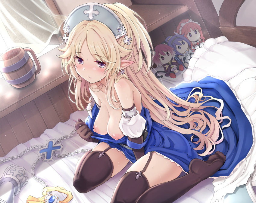 ayase_yukari breasts chibi cropped dress miyasaka_tamaki nipples no_bra open_shirt pointed_ears princess_connect! shirogane_jun stockings tatsuhiko thighhighs toudou_akino