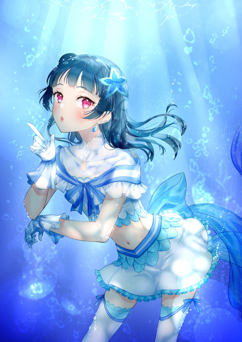 1girl absurdres air_bubble bangs black_hair bubble commentary_request crop_top day eyebrows_visible_through_hair gloves hair_bun hair_ornament highres koi_ni_naritai_aquarium long_hair looking_at_viewer love_live! love_live!_sunshine!! luna_(mi-chanman) midriff navel outdoors parted_lips purple_eyes shirt side_bun skirt solo sunlight thighhighs tsushima_yoshiko underwater water white_gloves white_legwear white_shirt white_skirt