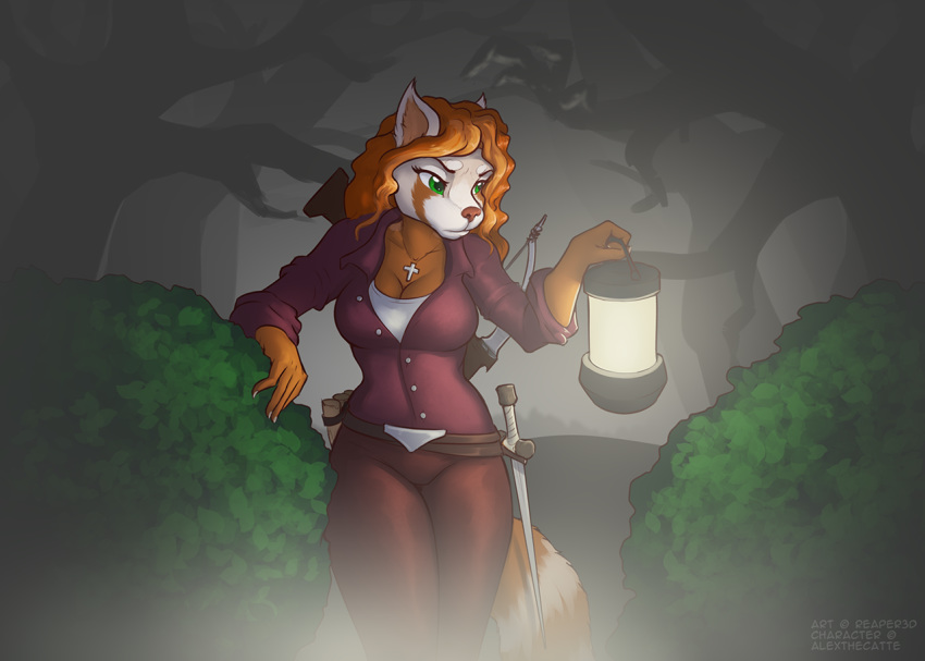 ailurid alexthecatte_(disambiguation) anthro blouse breasts cleavage clothed clothing cross crossbow dagger digital_media_(artwork) female forest green_eyes hair holding_object jewelry lantern laur&eacute; mammal melee_weapon necklace outside ranged_weapon reaper3d red_panda simple_background solo stake story story_in_description tree weapon