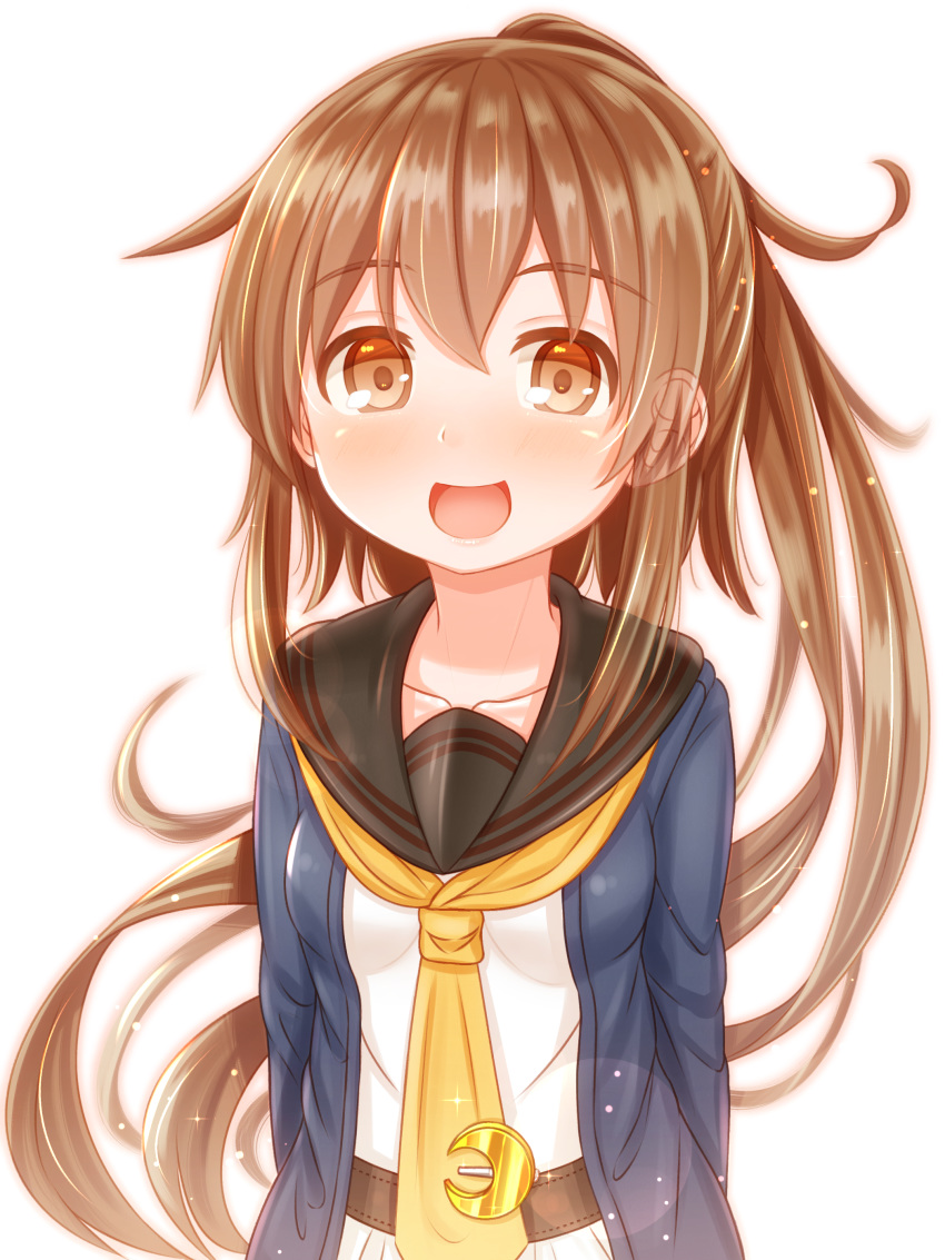 1girl :d absurdres black_jacket black_sailor_collar blush breasts brown_eyes brown_hair collarbone crescent crescent_moon_pin eyebrows_visible_through_hair fumizuki_(kantai_collection) hair_between_eyes highres jacket kantai_collection long_hair long_sleeves neckerchief open_mouth ponytail remodel_(kantai_collection) sailor_collar school_uniform serafuku simple_background small_breasts smile solo suzushiro_(gripen39) upper_body white_background yellow_neckwear