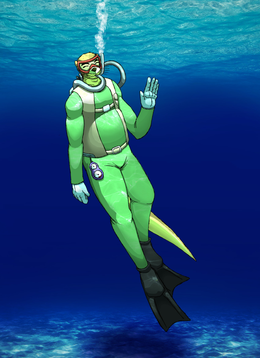 2015 anthozoan anthro augensinum bottomwear bubble clothed clothing cnidarian colored coral coral_reef digital_drawing_(artwork) digital_media_(artwork) diving_mask eyes_closed eyewear flippers footwear fur geoffrey gesture gloves goggles green_eyes growling handwear hi_res looking_at_viewer lutrine male mammal marine mask mustelid outside oxygen_tank photo_background sand scuba scuba_gear sea sea_floor seaside shadow simple_background sky slightly_chubby smile smiling_at_viewer snorkle solo standing swimwear topwear underwater water waving wetsuit