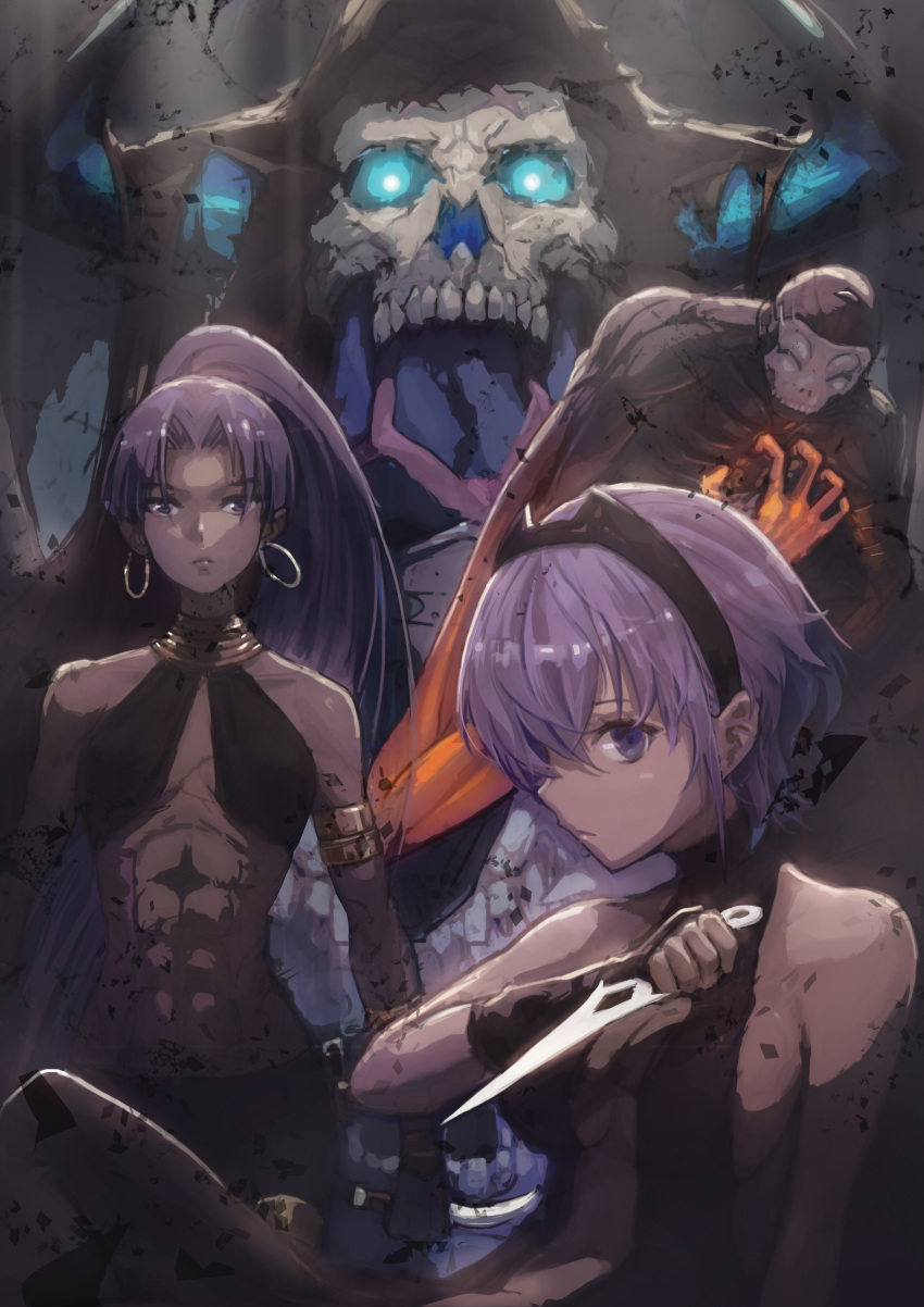 2boys 2girls absurdres armpits arms_up assassin_(fate/zero) bangs bare_shoulders black_bodysuit black_pants bodysuit breasts dark_skin eyebrows_visible_through_hair fate/grand_order fate/prototype fate/prototype:_fragments_of_blue_and_silver fate/stay_night fate/zero fate_(series) female_assassin_(fate/zero) glowing glowing_eyes hair_between_eyes hassan_of_serenity_(fate) high_ponytail highres horns king_hassan_(fate/grand_order) long_hair multiple_boys multiple_girls pants ponytail purple_eyes purple_hair skull skull_mask small_breasts sterben very_long_hair