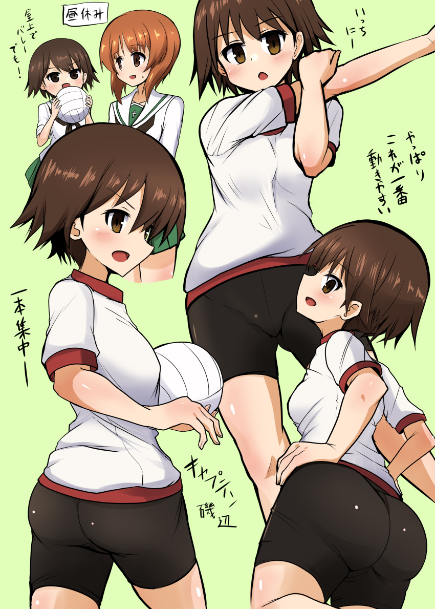 2girls absurdres ass ball bangs bike_shorts black_neckwear black_shorts blouse brown_eyes brown_hair commentary cropped_legs from_behind girls_und_panzer green_background green_skirt gym_shirt gym_uniform hands_on_hips highres holding holding_ball isobe_noriko kumo_(atm) long_sleeves looking_at_another looking_at_viewer looking_back miniskirt multiple_girls neckerchief nishizumi_miho ooarai_school_uniform pleated_skirt school_uniform serafuku shirt short_hair short_shorts short_sleeves shorts skirt sleeves_rolled_up standing stretch t-shirt volleyball white_blouse white_shirt