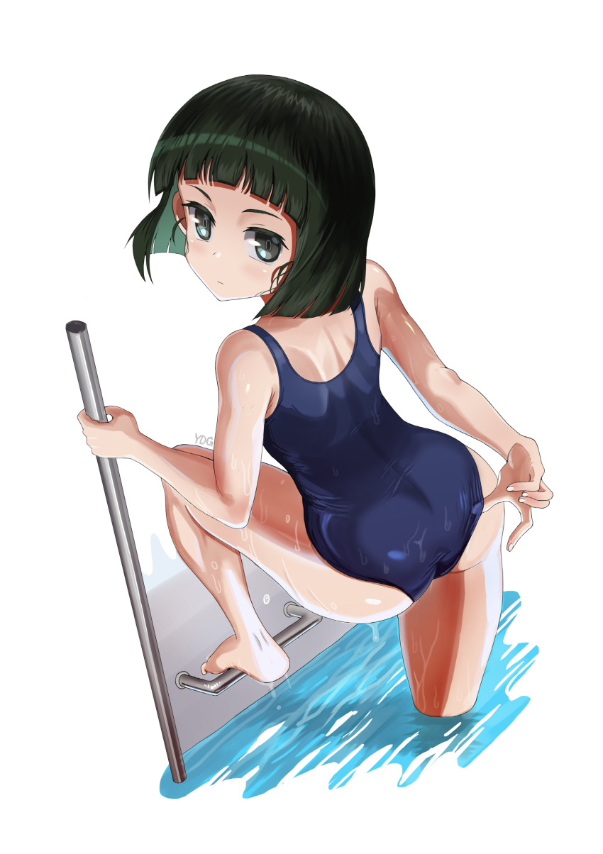 1girl absurdres adjusting_clothes adjusting_swimsuit artist_name ass bangs black_eyes black_hair blue_swimsuit blunt_bangs blunt_ends bob_cut climbing closed_mouth commentary_request from_behind girls_und_panzer highres korean_commentary looking_at_viewer looking_back nishihara_(girls_und_panzer) one-piece_swimsuit pool pool_ladder school_swimsuit short_hair signature solo swimsuit wet white_background ydg_(eorbsaos1004)