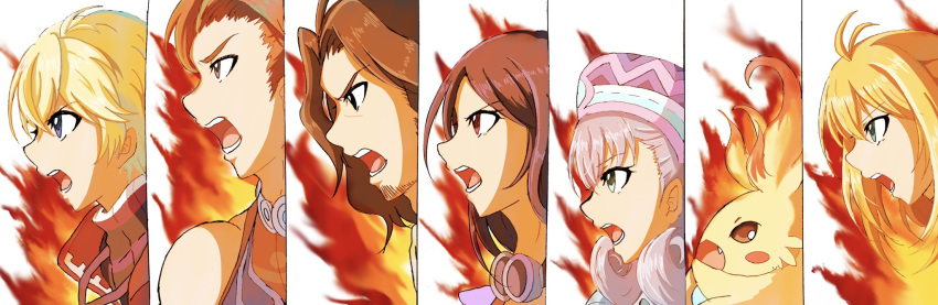 3girls 4boys beard blonde_hair brown_hair carna chobi0521 dunban facial_hair fiorun fire goggles goggles_around_neck highres melia multiple_boys multiple_girls nopon portrait profile rein_(xenoblade) riki_(xenoblade) shulk silver_hair white_background xenoblade_(series) xenoblade_1