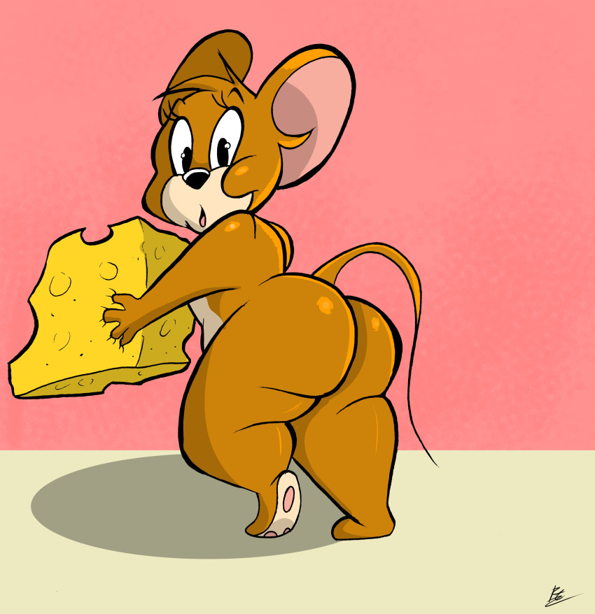 2020 absurd_res anthro big_butt butt cheese dairy_products food hi_res holding_food holding_object iyzeekiil jerry_mouse male mammal metro-goldwyn-mayer mouse multicolored_body murid murine pawpads plantigrade rodent signature slightly_chubby solo surprise thick_thighs tom_and_jerry two_tone_body