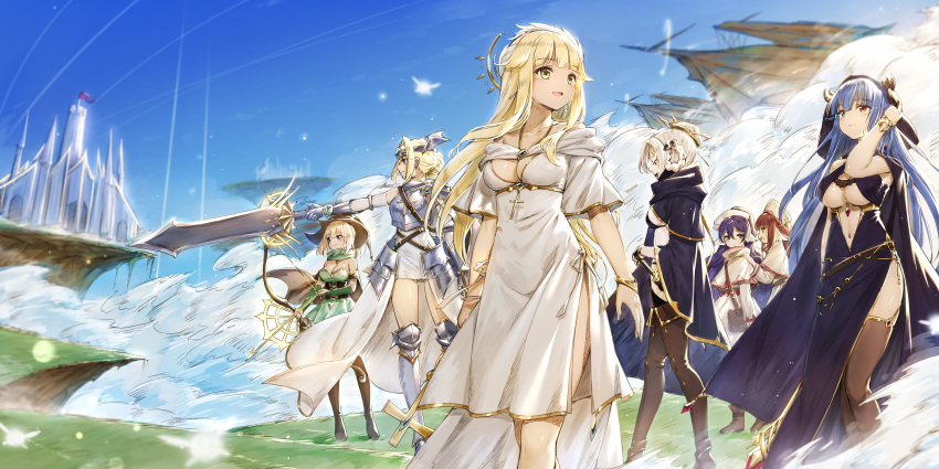 6+girls absurdres armor aurora_(azur_lane) azur_lane bag bare_shoulders blonde_hair blue_eyes blue_hair boots bow_(weapon) breasts bridal_gauntlets brown_legwear cape capelet cleavage cloud corset cross detached_sleeves dress elbow_gloves eyebrows_visible_through_hair floating floating_object full_body gauntlets gloves glowing glowing_eyes gold_trim grass green_dress green_eyes green_gloves hair_ornament hand_in_hair harutsuki_(azur_lane) hat head_wings heterochromia highres holding holding_bow_(weapon) holding_sword holding_weapon ibuki_(azur_lane) jeanne_d'arc_(azur_lane) jewelry large_breasts long_dress long_hair looking_to_the_side maya_g medium_breasts medium_hair multiple_girls navel outdoors purple_cape purple_dress purple_hair red_eyes red_hair richmond_(azur_lane) sheath sheathed sheffield_(azur_lane) side_cutout sleeveless sleeveless_dress sword thigh_boots thighhighs underboob_cutout very_long_hair weapon white_dress white_hair white_headwear yoizuki_(azur_lane)