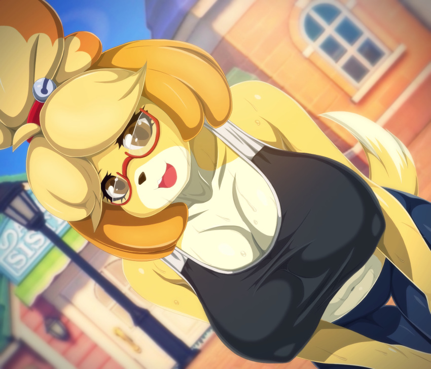 animal_crossing anthro bell blonde_hair bodily_fluids bottomwear breasts brown_eyes canid canine canis clothed clothing detailed_background domestic_dog eyewear female fluffy fluffy_tail fur glasses hair hi_res isabelle_(animal_crossing) mammal multicolored_body multicolored_fur nintendo nipple_outline nipples open_mouth pants q_wed smile solo sweat teeth tongue two_tone_body two_tone_fur video_games white_body white_fur yellow_body yellow_fur