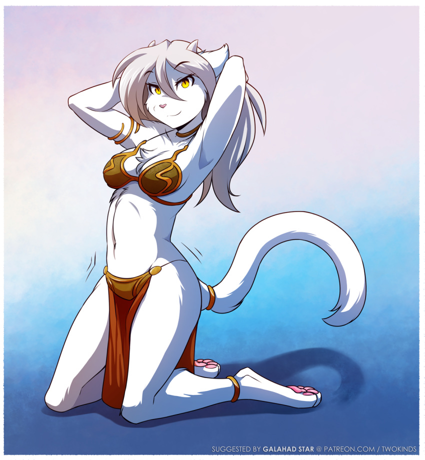 anthro bra clothing conditional_dnp domestic_cat felid feline felis female hi_res horn keidran kneeling lady_nora loincloth looking_at_viewer mammal skimpy_dress slave_leia solo tom_fischbach twokinds underwear webcomic yellow_eyes