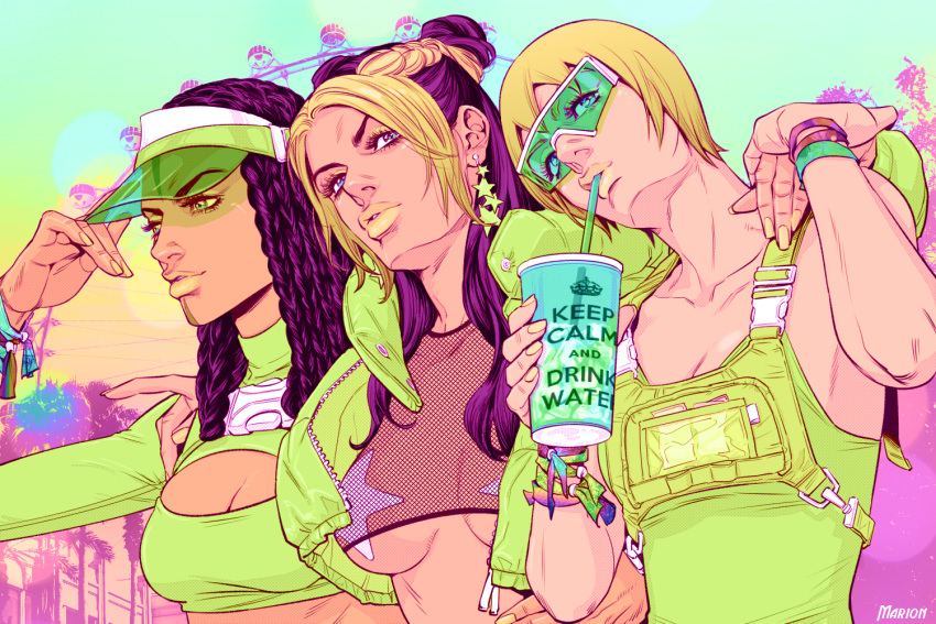 3girls adjusting_clothes adjusting_hat arm_around_shoulder artist_name bangs black_hair blonde_hair blue_eyes bracelet breasts cleavage cleavage_cutout collarbone crop_top cropped_jacket cup day double_bun drinking drinking_straw earrings english_text ermes_costello ferris_wheel fishnet_top foo_fighters green_eyes hairlocs hat jewelry jojo_no_kimyou_na_bouken keep_calm_and_carry_on kuujou_jolyne lips long_hair looking_at_viewer marion-ville medium_breasts midriff multicolored_hair multiple_girls outdoors overalls parted_bangs pasties power_lines see-through short_hair sleeveless star_(symbol) star_earrings star_pasties star_print stone_ocean sunglasses tree turtleneck two-tone_hair underboob unzipped upper_body visor_cap wristband zipper