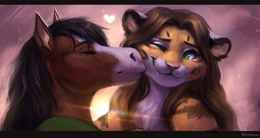 &lt;3 alex_marx alexthecatte_(disambiguation) anthro brown_hair chest_tuft clydesdale cute_fangs digital_media_(artwork) draft_horse duo equid equine eyes_closed facial_markings fangs felid female fur green_eyes hair head_markings horse keumano kissing_cheek looking_at_another male male/female mammal markings orange_body orange_fur pantherine sabertooth_(anatomy) smile story story_in_description striped_body striped_fur stripes tashi_gibson tiger tuft
